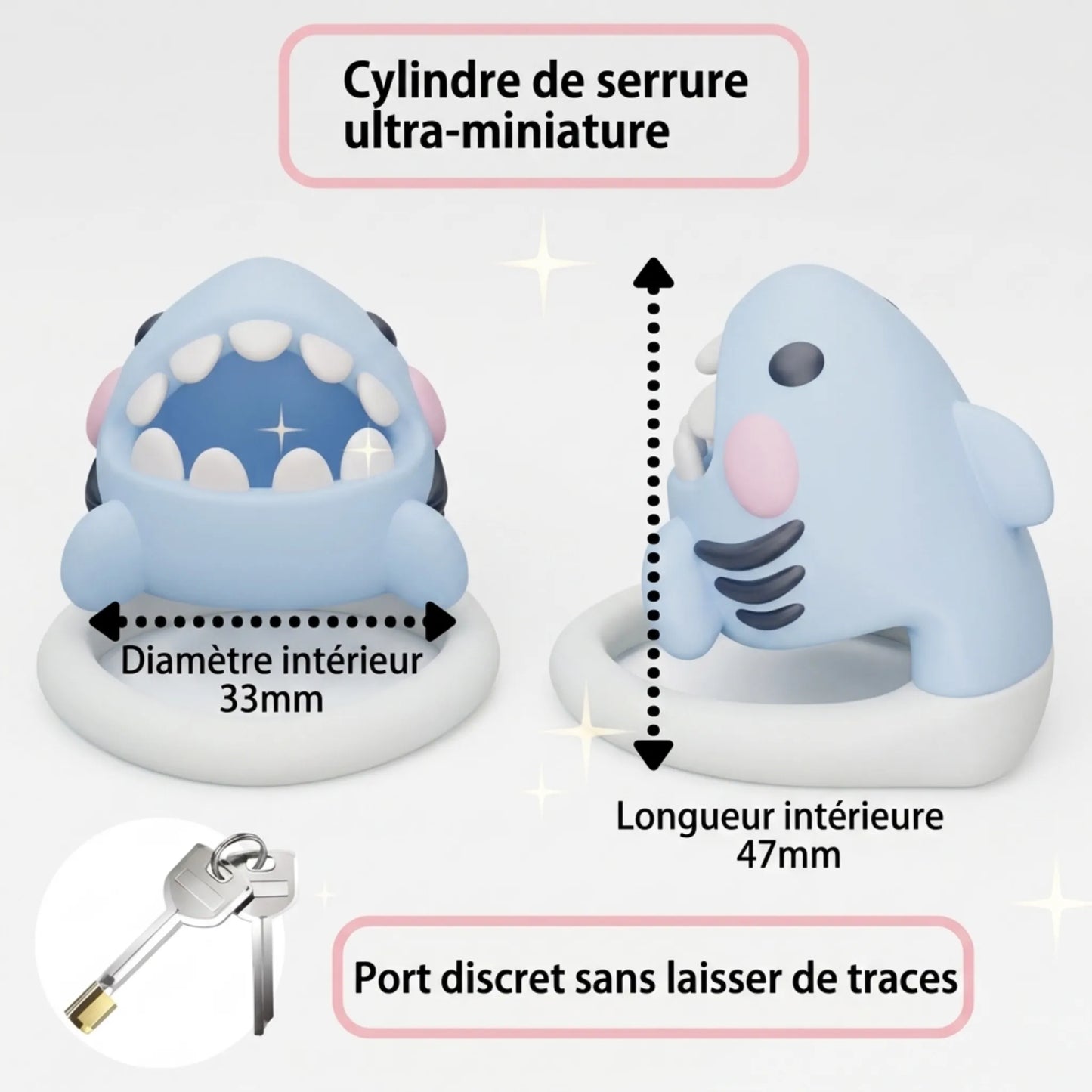 Schéma technique de la cage Sharky indiquant 33 mm de diamètre intérieur, 47 mm de longueur, serrure miniature et clés