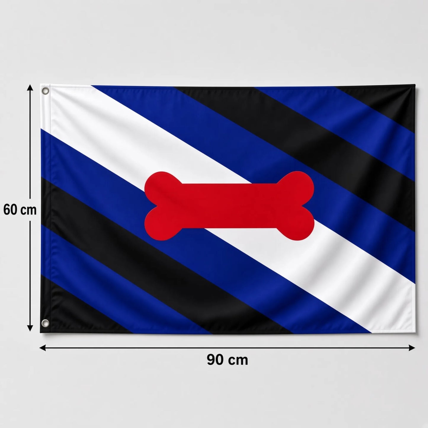 Dimensions du drapeau Puppy Play Pride format standard mesurant 60 cm de hauteur par 90 cm de largeur.