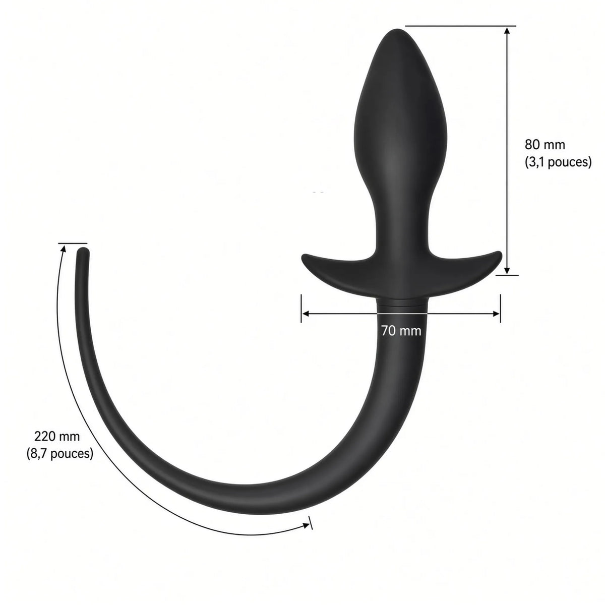 Schéma technique et dimensions du plug petplay Curve Tail : bulbe de 31 mm, longueur insérable de 80 mm et queue de 220 mm.