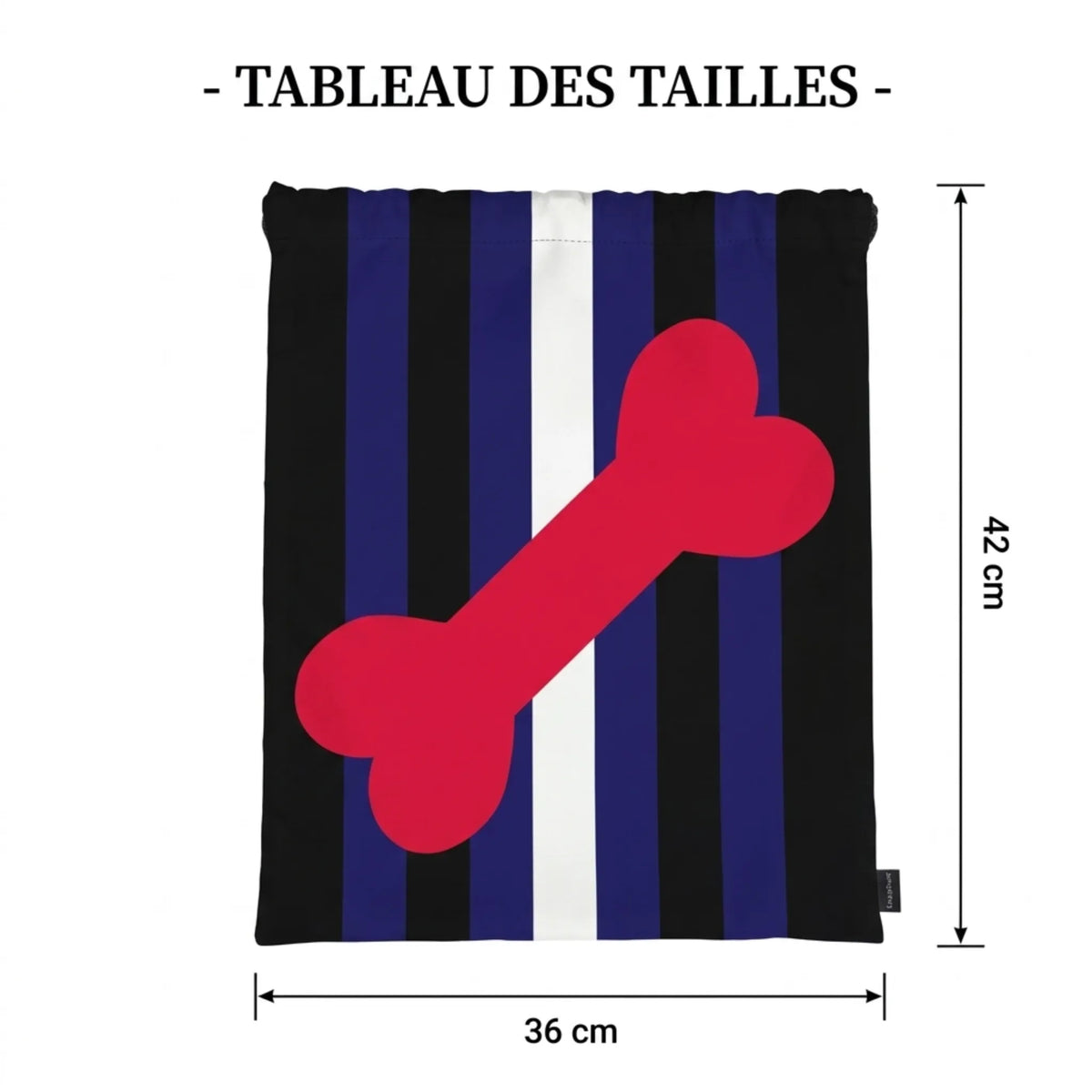 Schéma technique et dimensions du sac pochon Puppy Pride KinkyPupShop : format compact 42 cm de hauteur par 36 cm de largeur pour rangement fétiche.