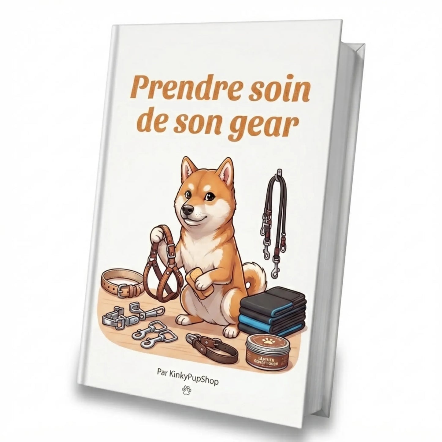 Couverture du livre numérique Prendre soin de son gear illustré avec un chiot shiba inu, harnais et accessoires de Petplay.