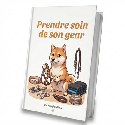 Couverture du livre numérique Prendre soin de son gear illustré avec un chiot shiba inu, harnais et accessoires de Petplay.