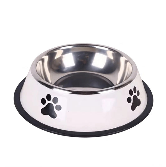 Image d'une gamelle en inox avec des pattes de chien dessus qu'on propose sur le kinkypupshop