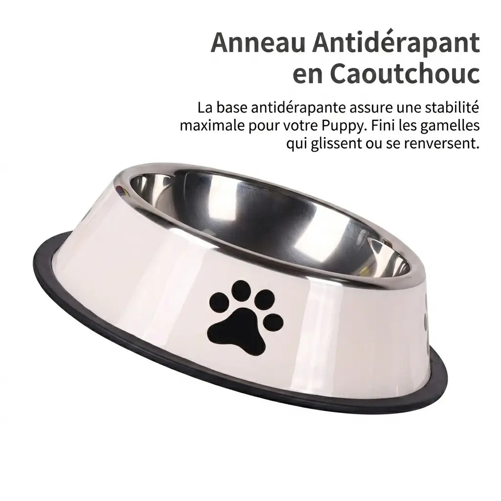 l'image représente l'une de nos gamelles avec à côté écrit l'une de ses caractéristiques techniques, elle est composé avec un anneau antidérapant en caoutchouc