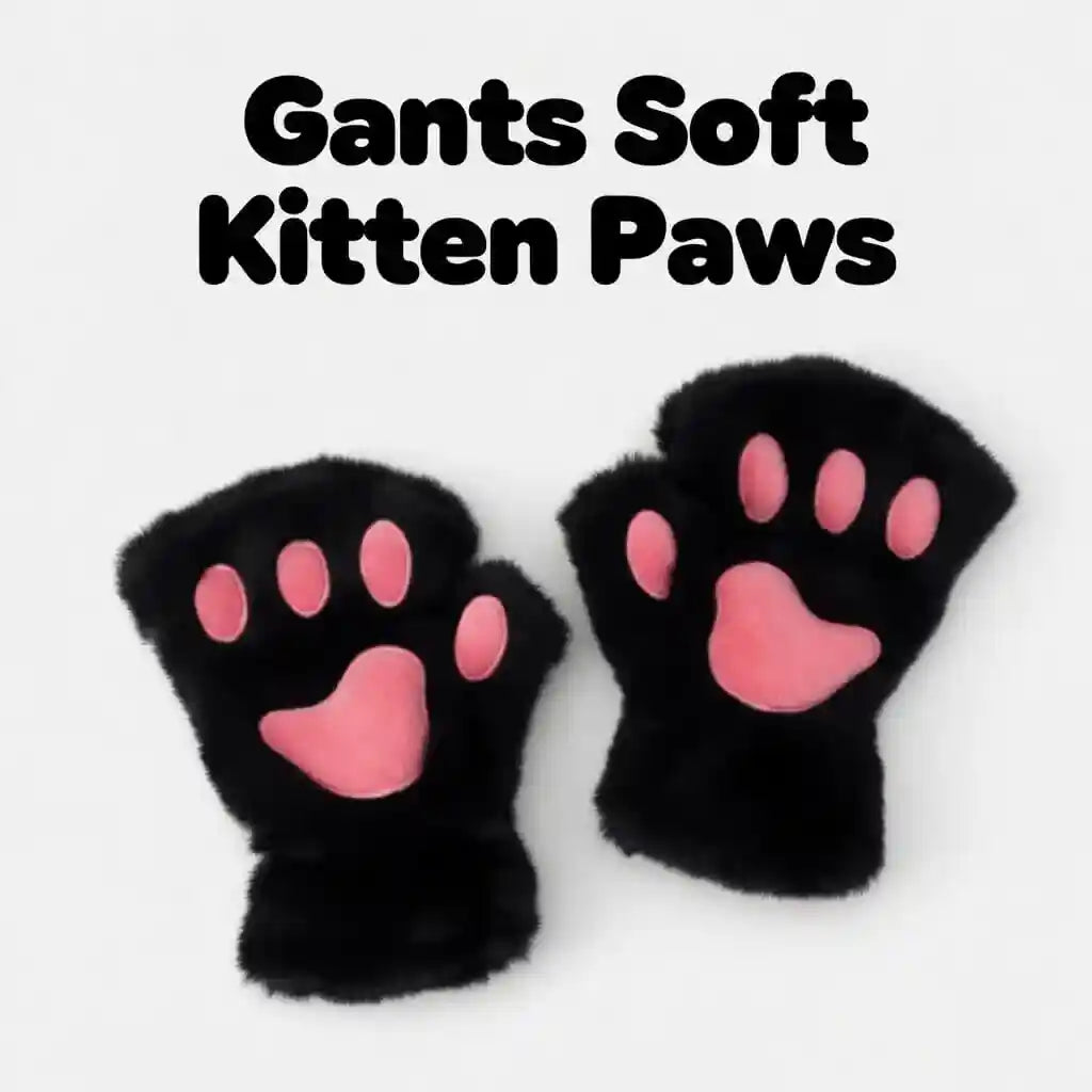 présentation des gants kitten de kinkypupshop en noir, disponible dans d'autre colorie, les coussinet sont rose