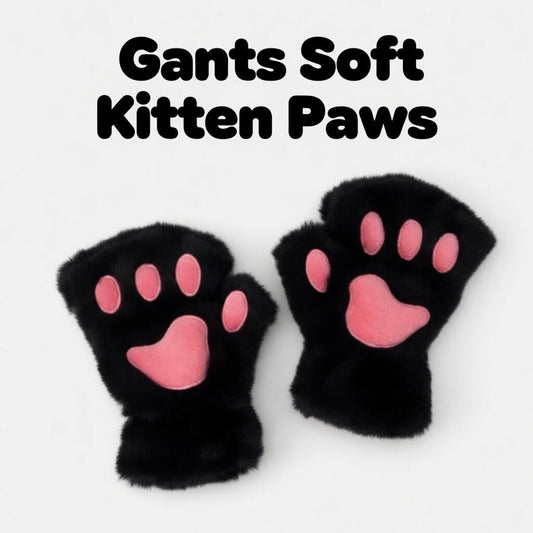 présentation des gants kitten de kinkypupshop en noir, disponible dans d'autre colorie, les coussinet sont rose