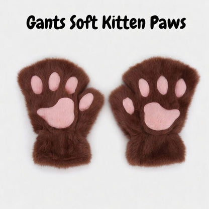 nos gants soft kitten paws, en marron avec des coussinets rose