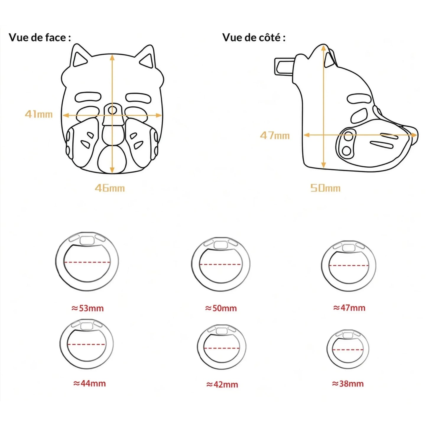 Guide des dimensions et schémas techniques de la cage Puppy Play et des 6 anneaux de 38 mm à 53 mm