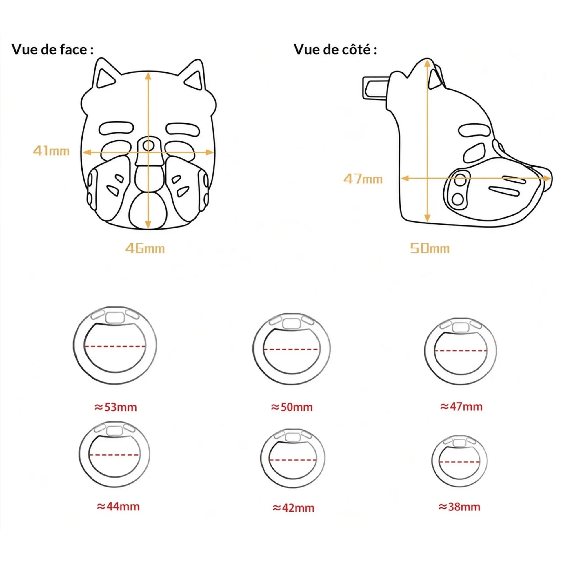 Guide des dimensions et schémas techniques de la cage Puppy Play et des 6 anneaux de 38 mm à 53 mm