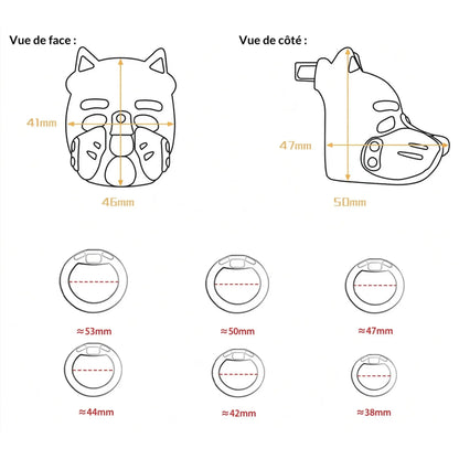 Guide des dimensions et schémas techniques de la cage Puppy Play et des 6 anneaux de 38 mm à 53 mm