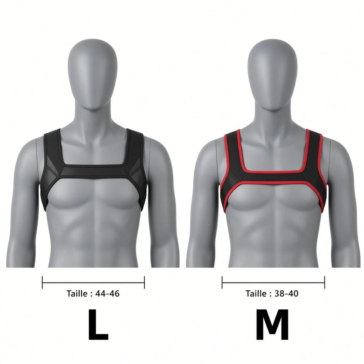 Comparatif des tailles M et L pour le harnais torse puppy play Alpha Harness en matière synthétique souple KinkyPupShop.