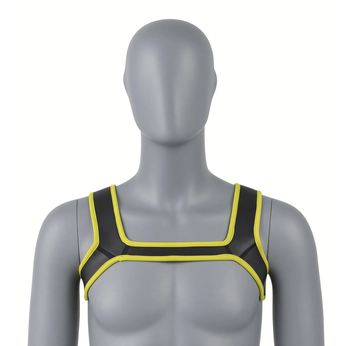 Harnais puppy play élastique Alpha Harness noir avec finitions jaunes pour équipement petplay KinkyPupShop.