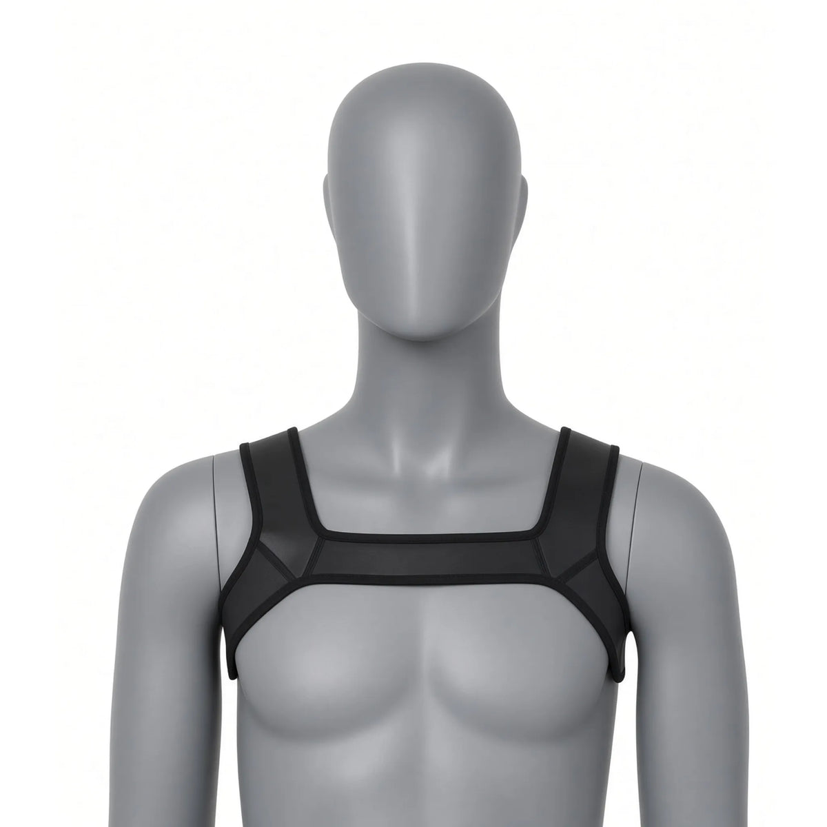 Baudrier de torse pour chiot Alpha Harness noir et liseré noir sur mannequin KinkyPupShop