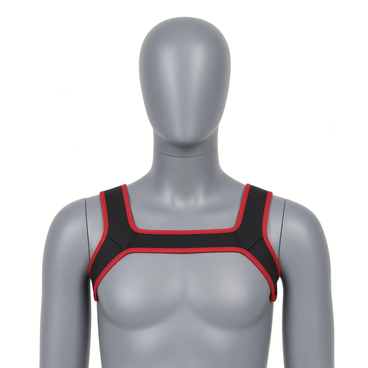 Baudrier petplay Alpha Harness noir et bordure rouge assorti aux cagoules de chiot KinkyPupShop. 