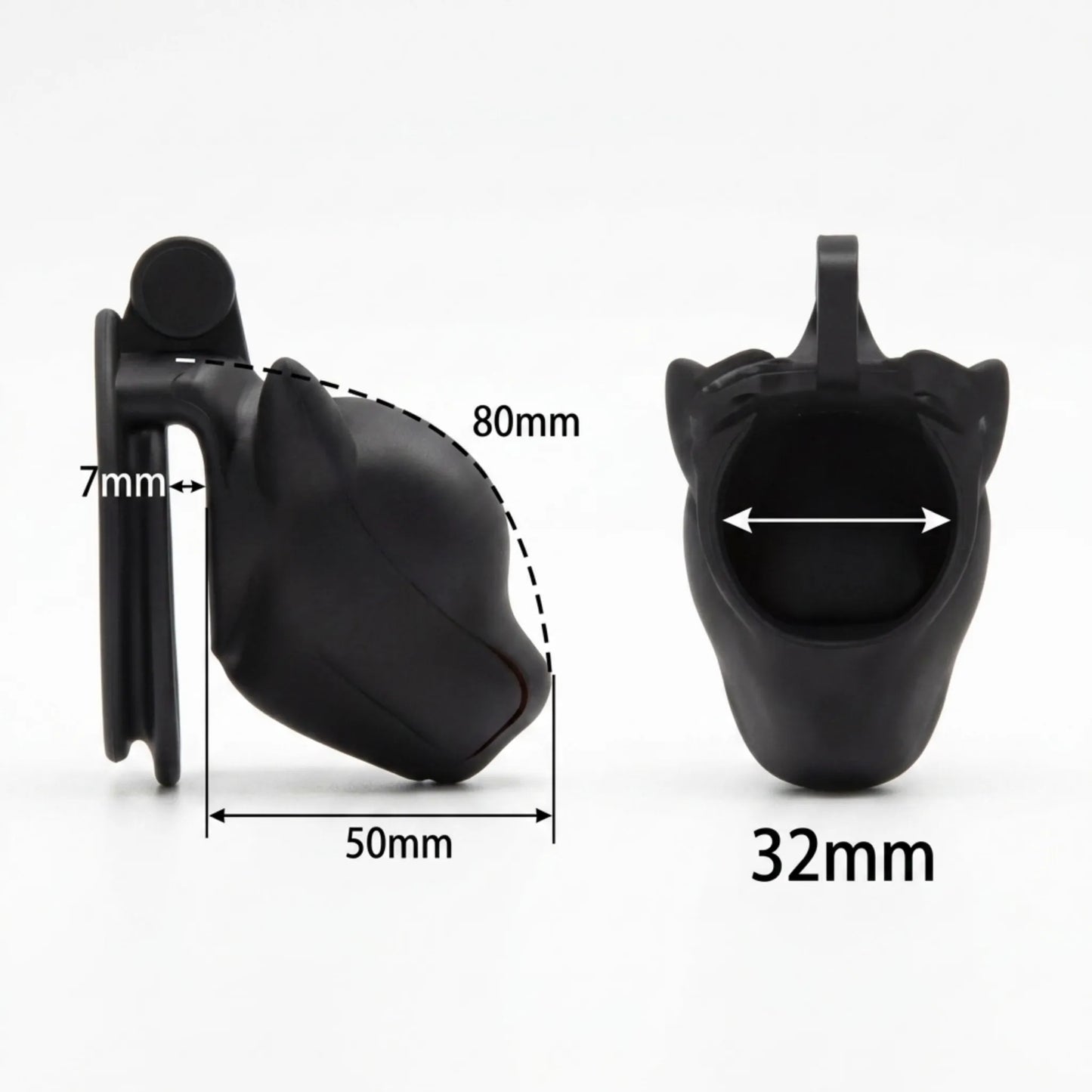 Schéma technique et dimensions de la cage de chasteté Alpha Pup : longueur 80 mm, largeur 52 mm et profondeur 50 mm