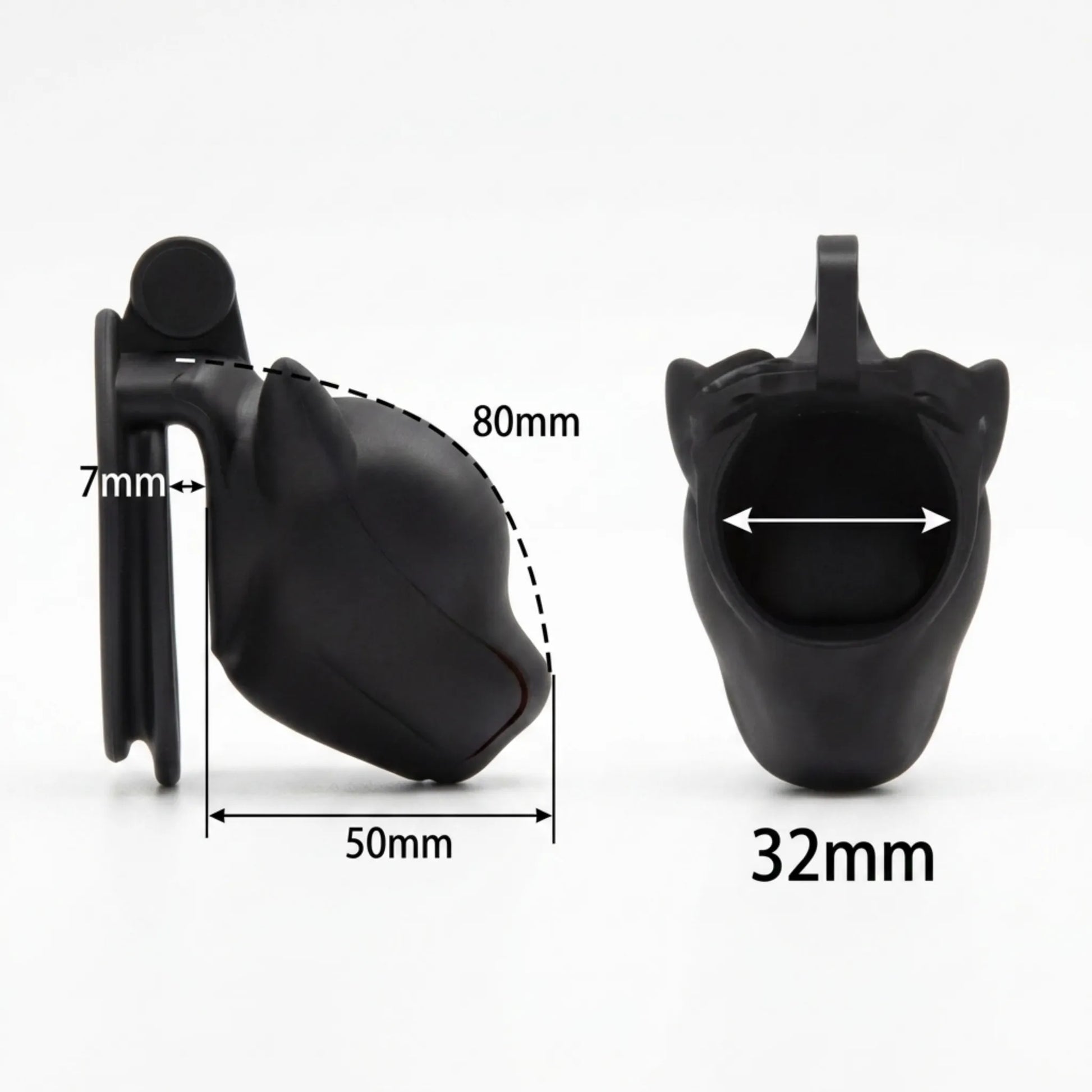 Schéma technique et dimensions de la cage de chasteté Alpha Pup : longueur 80 mm, largeur 52 mm et profondeur 50 mm