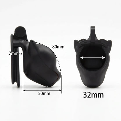 Schéma technique et dimensions de la cage de chasteté Alpha Pup : longueur 80 mm, largeur 52 mm et profondeur 50 mm