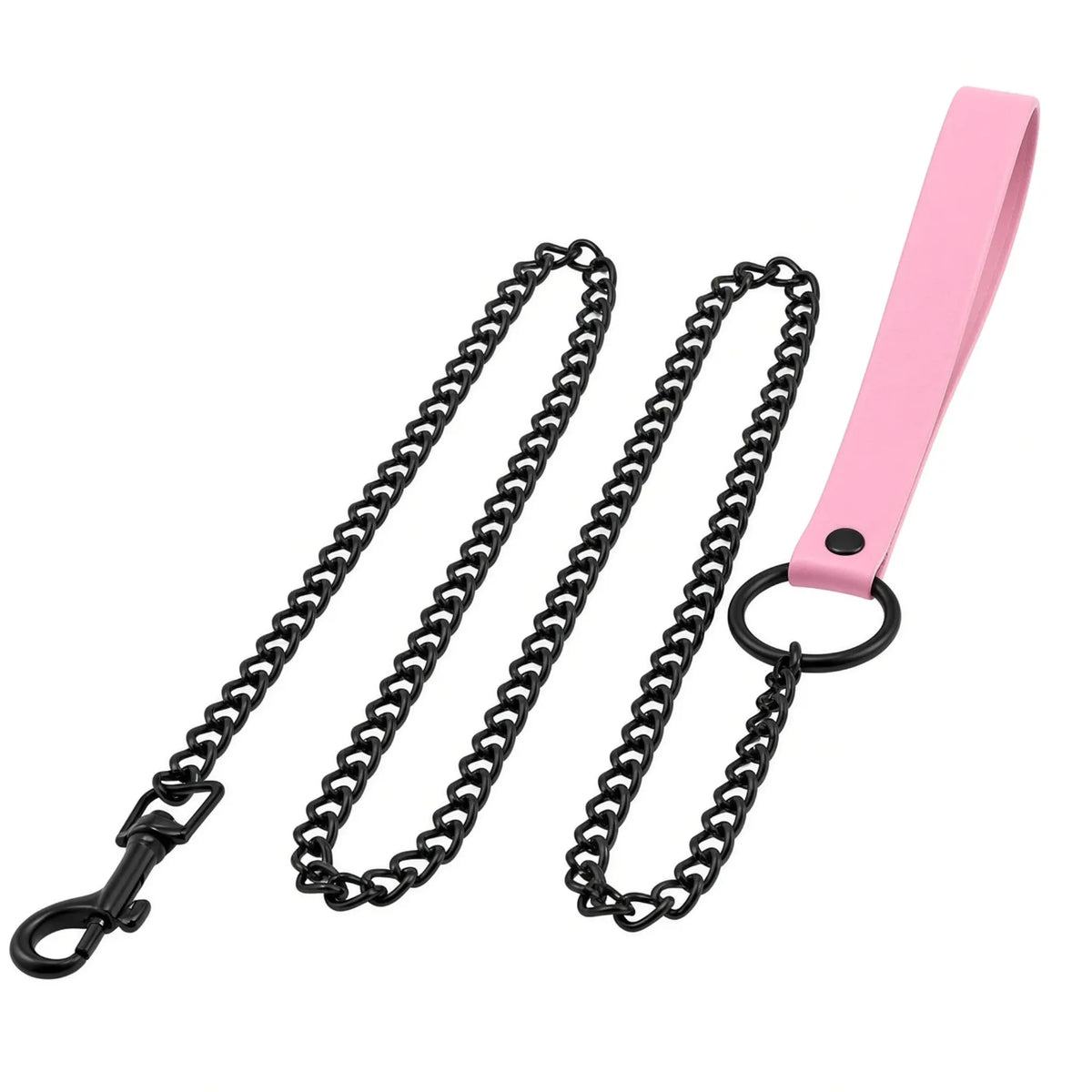 Laisse courte en chaîne métallique Alpha Leash avec dragonne en cuir PU rose pastel pour harnais et colliers petplay