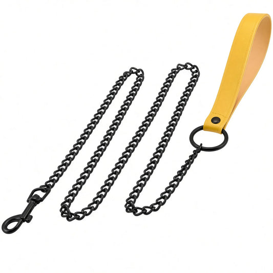 Laisse d'obéissance et de marche au pied Alpha Leash de 115 cm en chaîne métallique avec poignée dragonne en cuir PU jaune