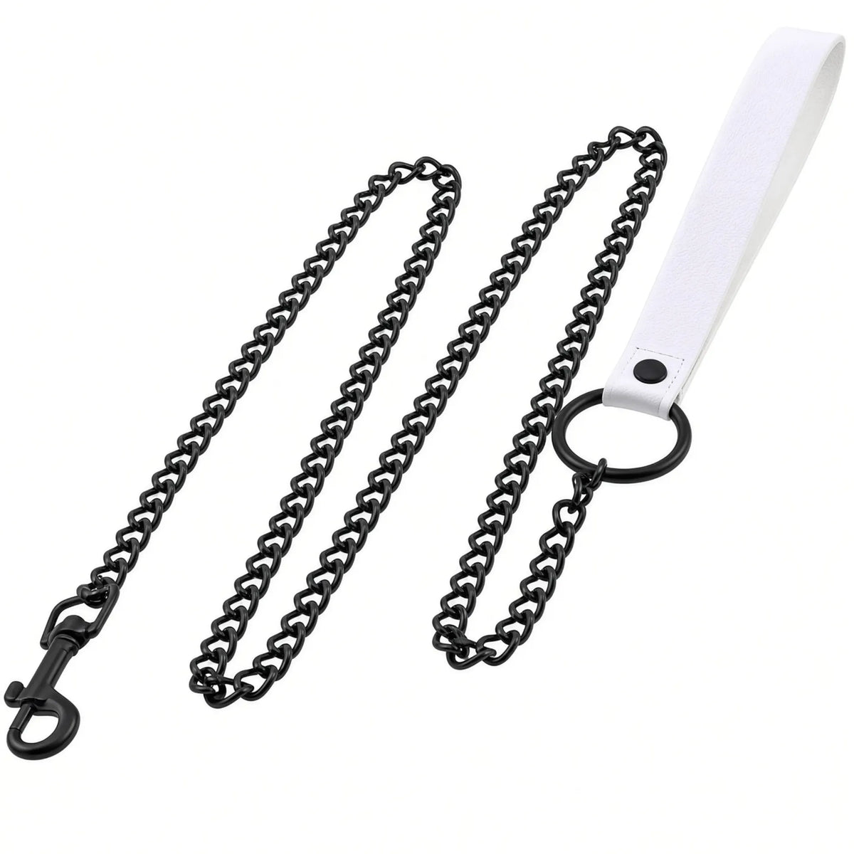 Laisse de marche au pied petplay Alpha Leash avec chaîne en métal et poignée dragonne en cuir synthétique PU blanc pour équipement puppy play