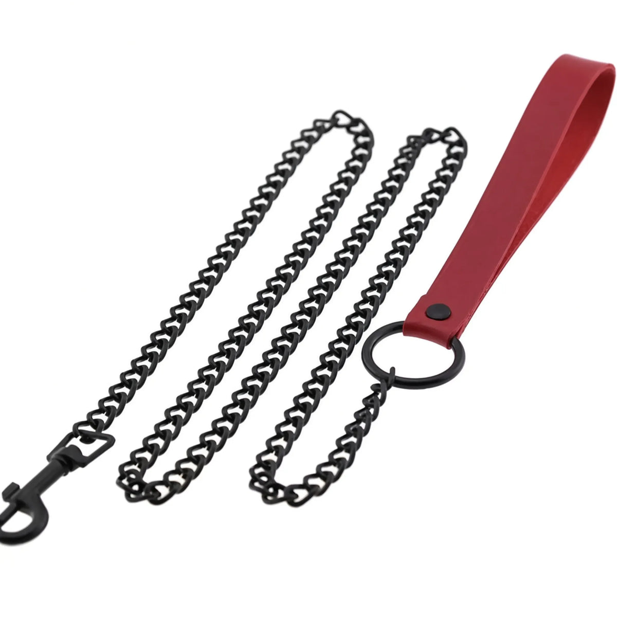 Laisse de soumission canine et dressage BDSM Alpha Leash avec maillons en acier et poignée en similicuir PU rouge vif.