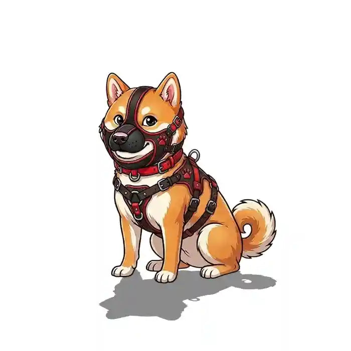 Un logo du kinkypupshop, le chien est assis et regarde en face, il porte toujours ses harnais de petplay