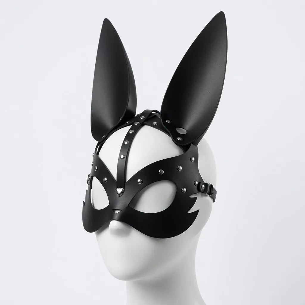 Masque de bunny play en simili-cuir noir avec de longues oreilles de lapin rigides et des lanières de harnais de tête fétiche kinky, vue de face sur mannequin, disponible sur le kinkypupshop