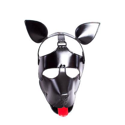 Vue de face du masque Puppy Play Shadow Pup occultant les yeux avec museau et langue rouge.