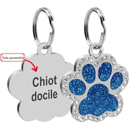 image du médaillon personalisable en bleu, on y voit la face avant et arrière du médaillon puppyplay