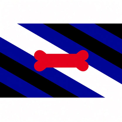 Gros plan sur le motif et les couleurs de la bannière Puppy Pride avec l'os rouge au centre des rayures diagonales. Drapeau Petplay