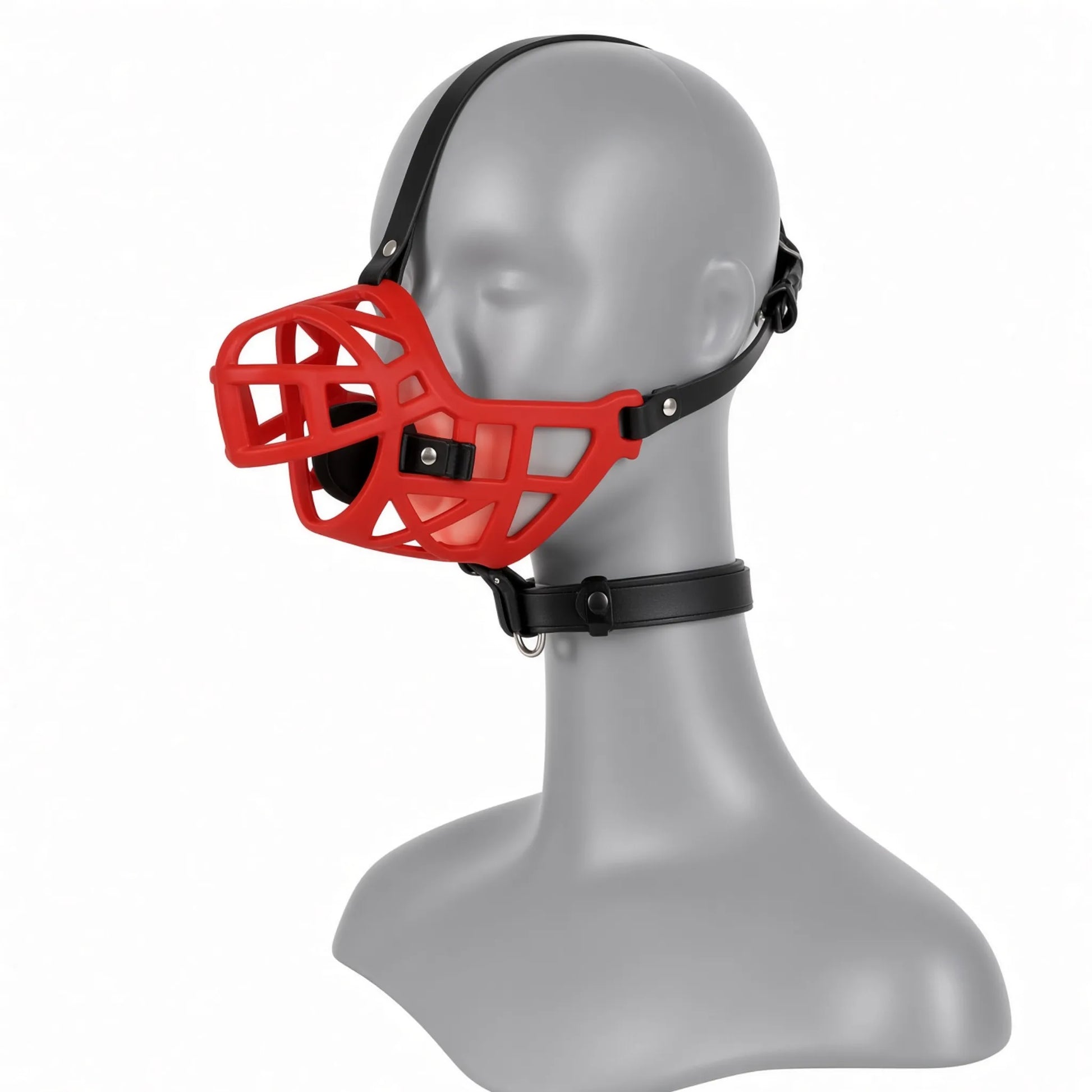 Masque muselière de dressage chiot rouge vif avec panier rigide et sangles de tête ajustables.