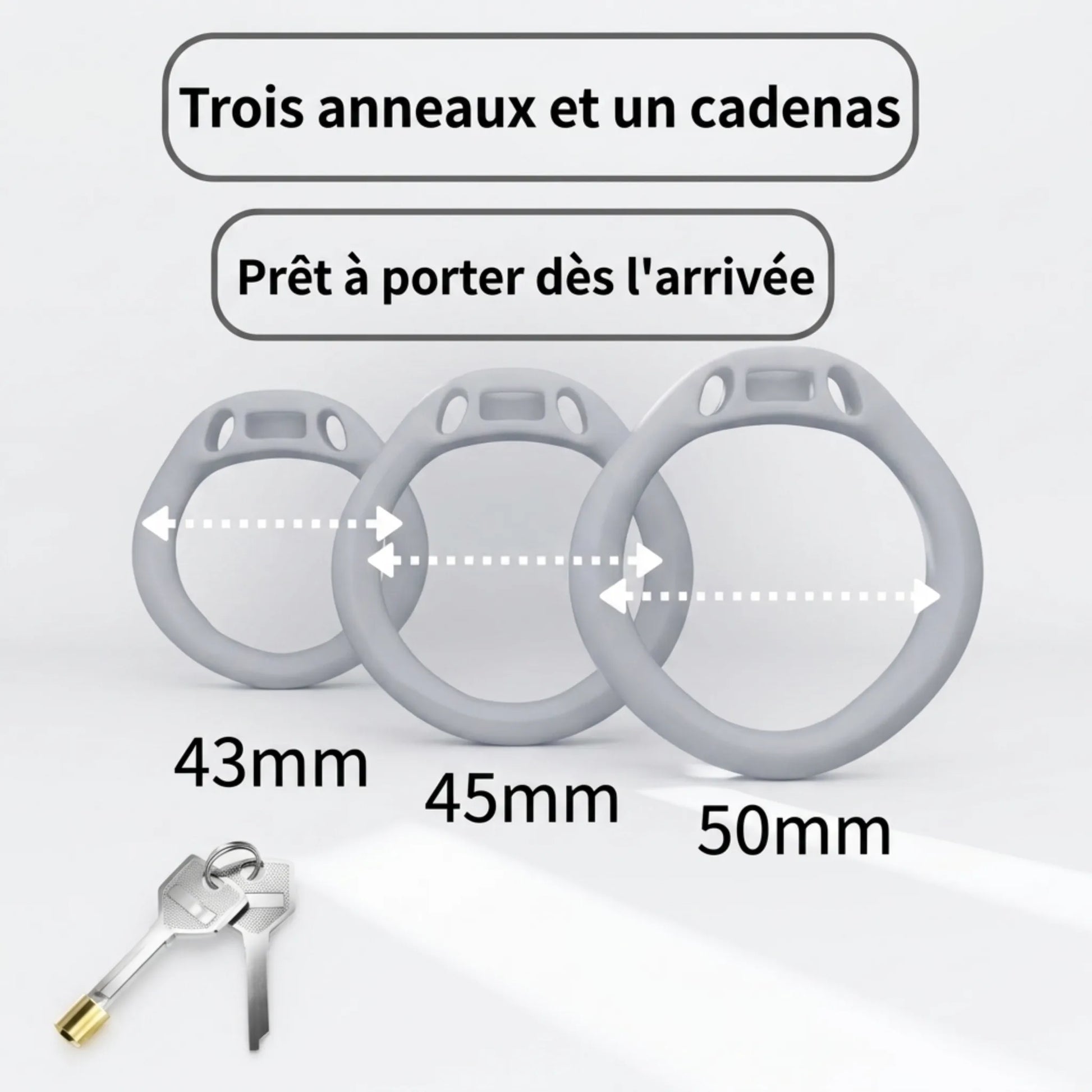 Kit de 3 anneaux ergonomiques pour cage Sharky aux tailles 43 mm, 45 mm et 50 mm avec clé de verrouillage.
