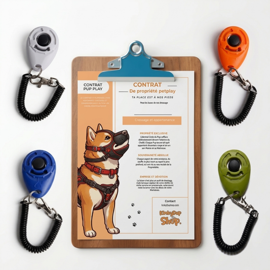Clickers de dressage Puppy Play multi-couleurs accompagnés du contrat d'adoption et de soumission aléatoire offert.