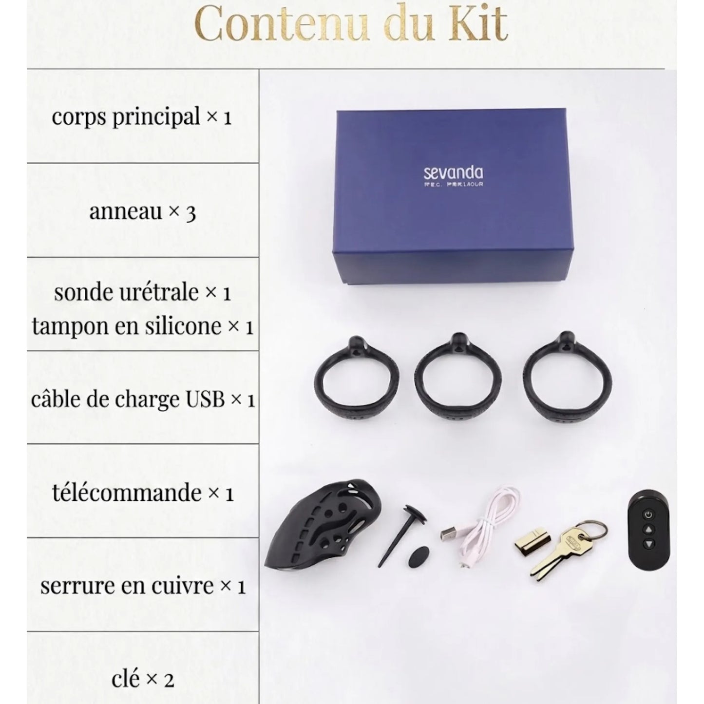 Contenu du kit de chasteté Shock Pup comprenant la cage, 3 anneaux, la sonde urétrale, la télécommande, le cadenas et le câble USB.