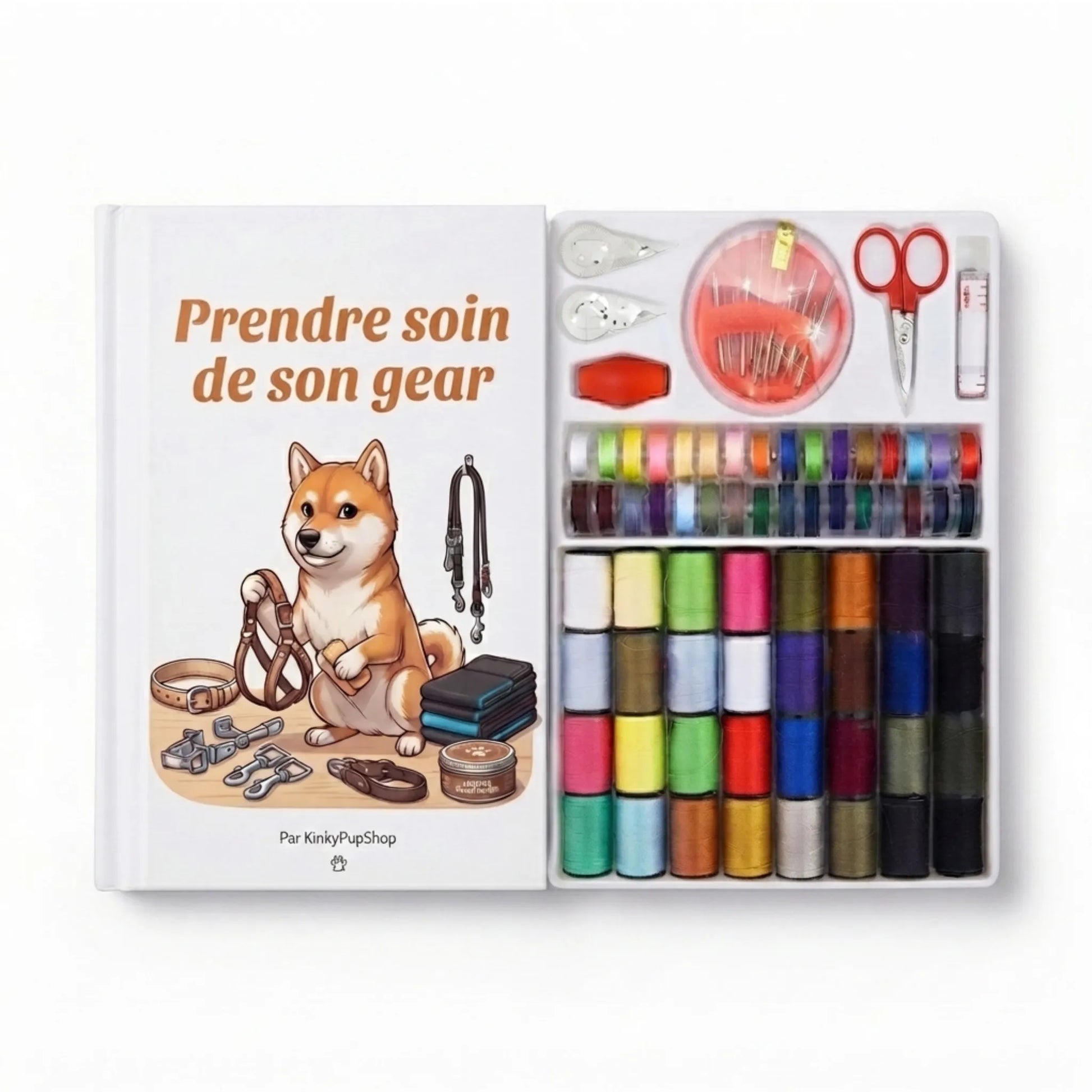 Boîte d'accessoires de réparation textile accompagnée de l'e-book offert Prendre soin de son gear.