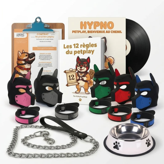 visuel du pack débutant petplay, on y voit le ebook les 12 règles du petplay, l'hypno petplay, le contrat de propriété Petplay ainsi que les puppy hood, les laisse et la gamelle
