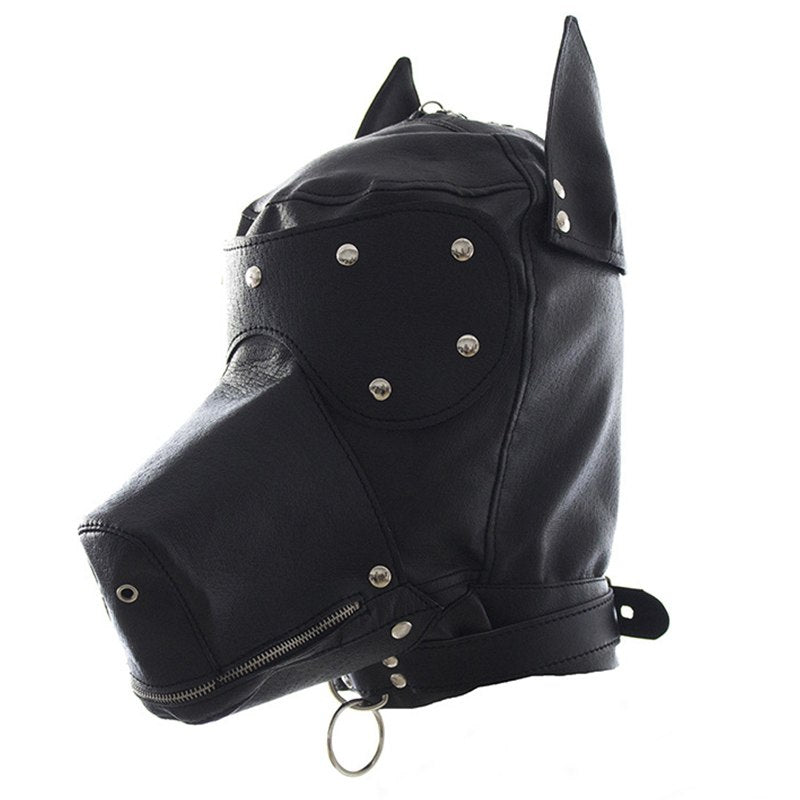 hood en cuir pour le petplay visuel du produit, il est noir avec un masque pour les yeux
