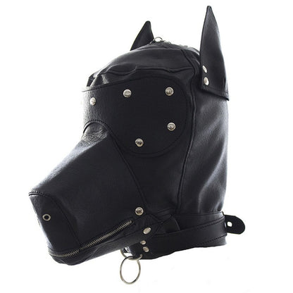 hood en cuir pour le petplay visuel du produit, il est noir avec un masque pour les yeux