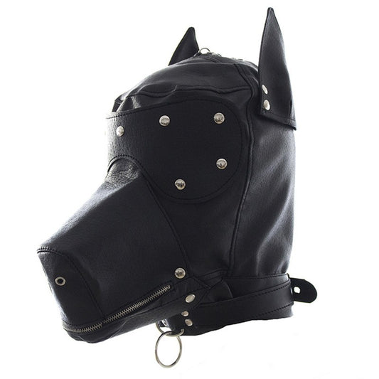 hood en cuir pour le petplay visuel du produit, il est noir avec un masque pour les yeux