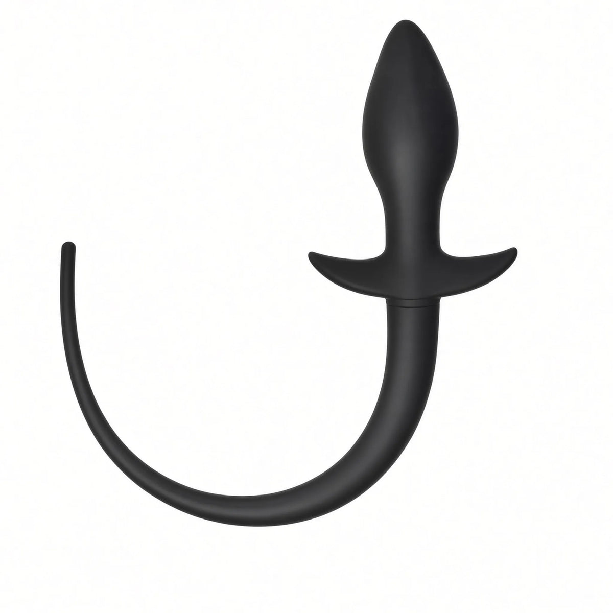 Plug anal petplay Curve Tail en silicone noir monobloc avec queue courbée ergonomique pour puppy play.