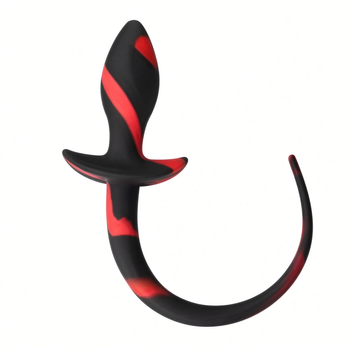 Queue de chiot en silicone bicolore rouge et noir montée sur plug anal pour dressage BDSM.