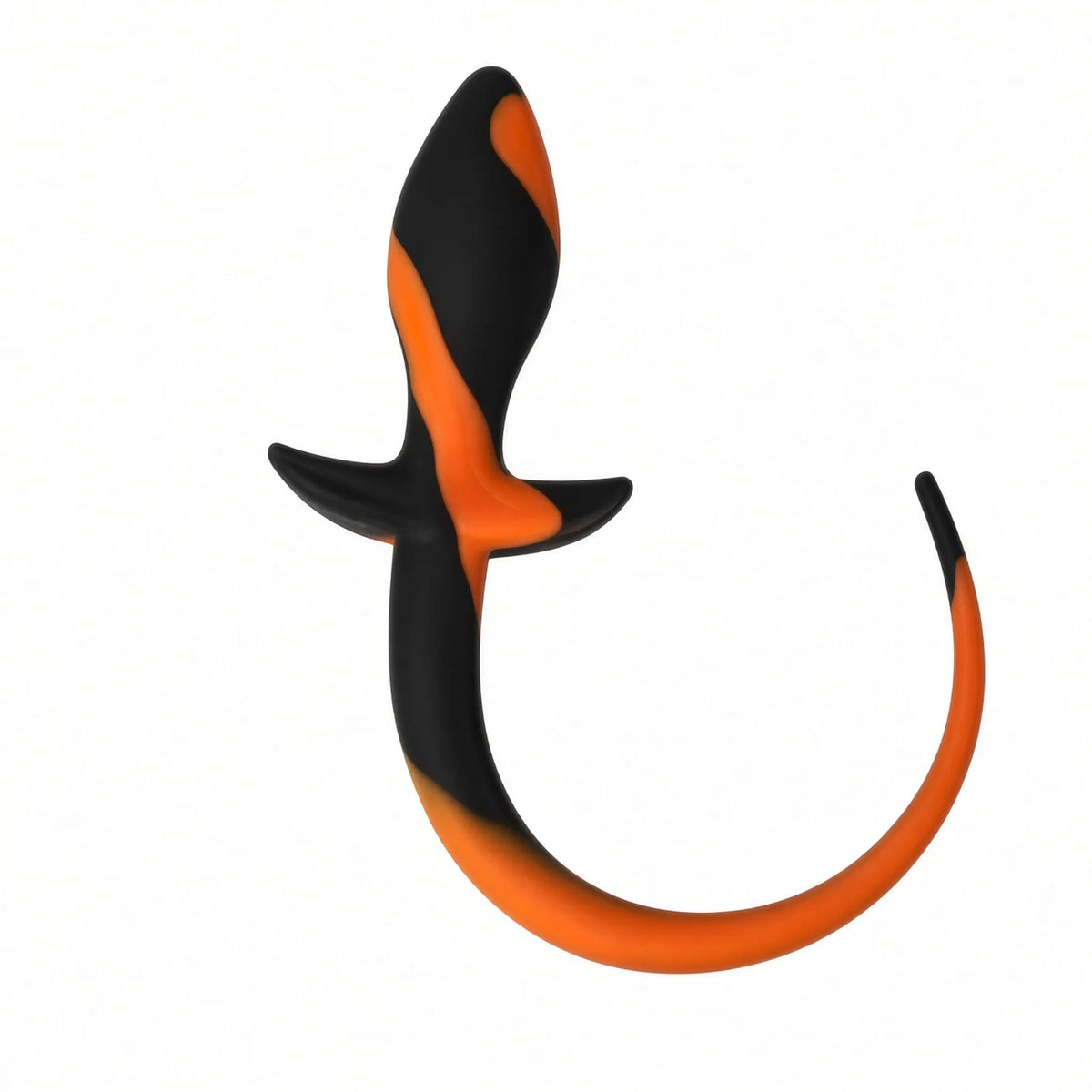 Queue d'ancrage en silicone pour petplay effet marbré orange et noir avec base de sécurité.