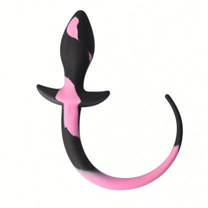 Plug anal avec queue en silicone souple bicolore marbré rose et noir pour jeu de rôle petplay