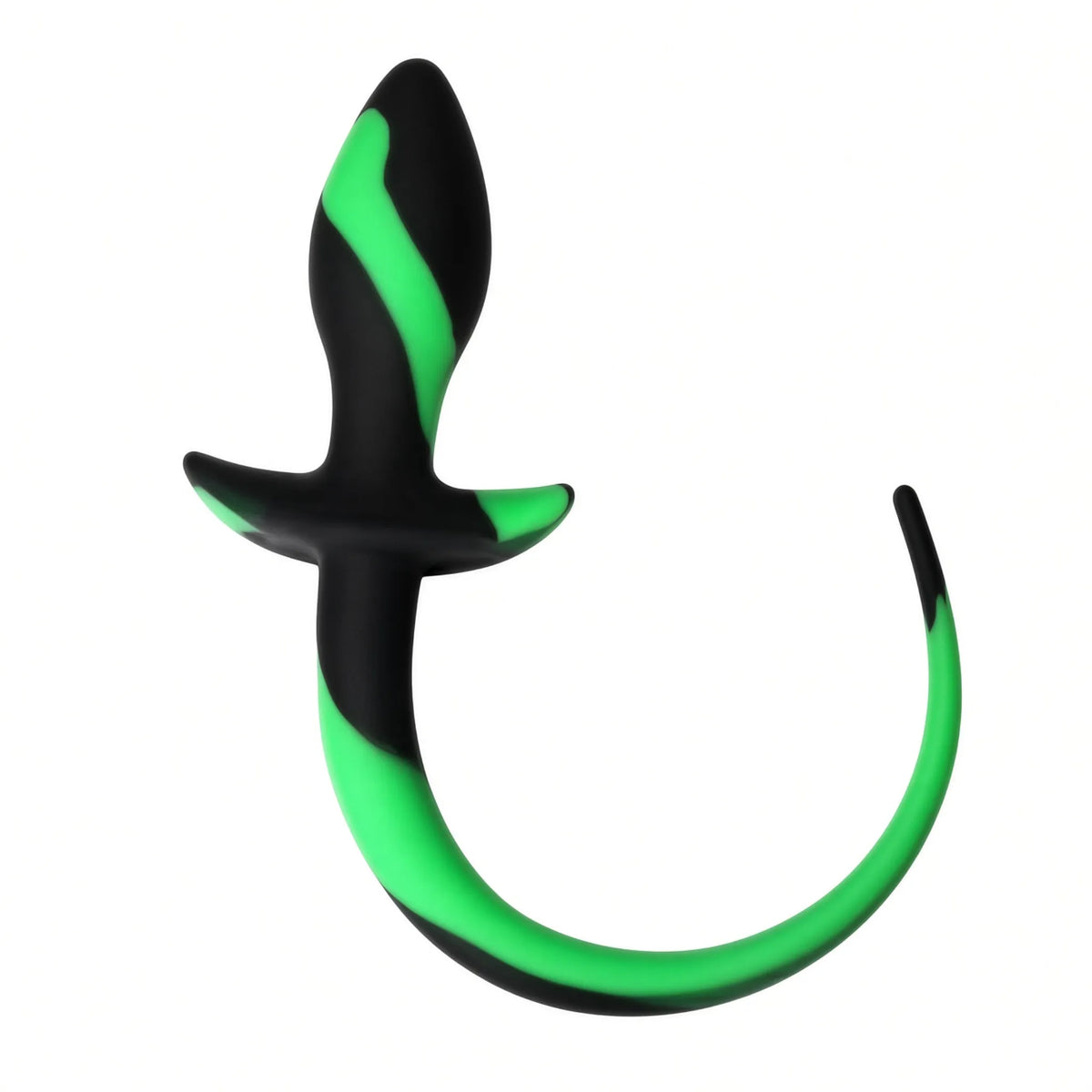 Plug anal ergonomique avec queue souple en silicone marbré vert et noir pour puppy play.