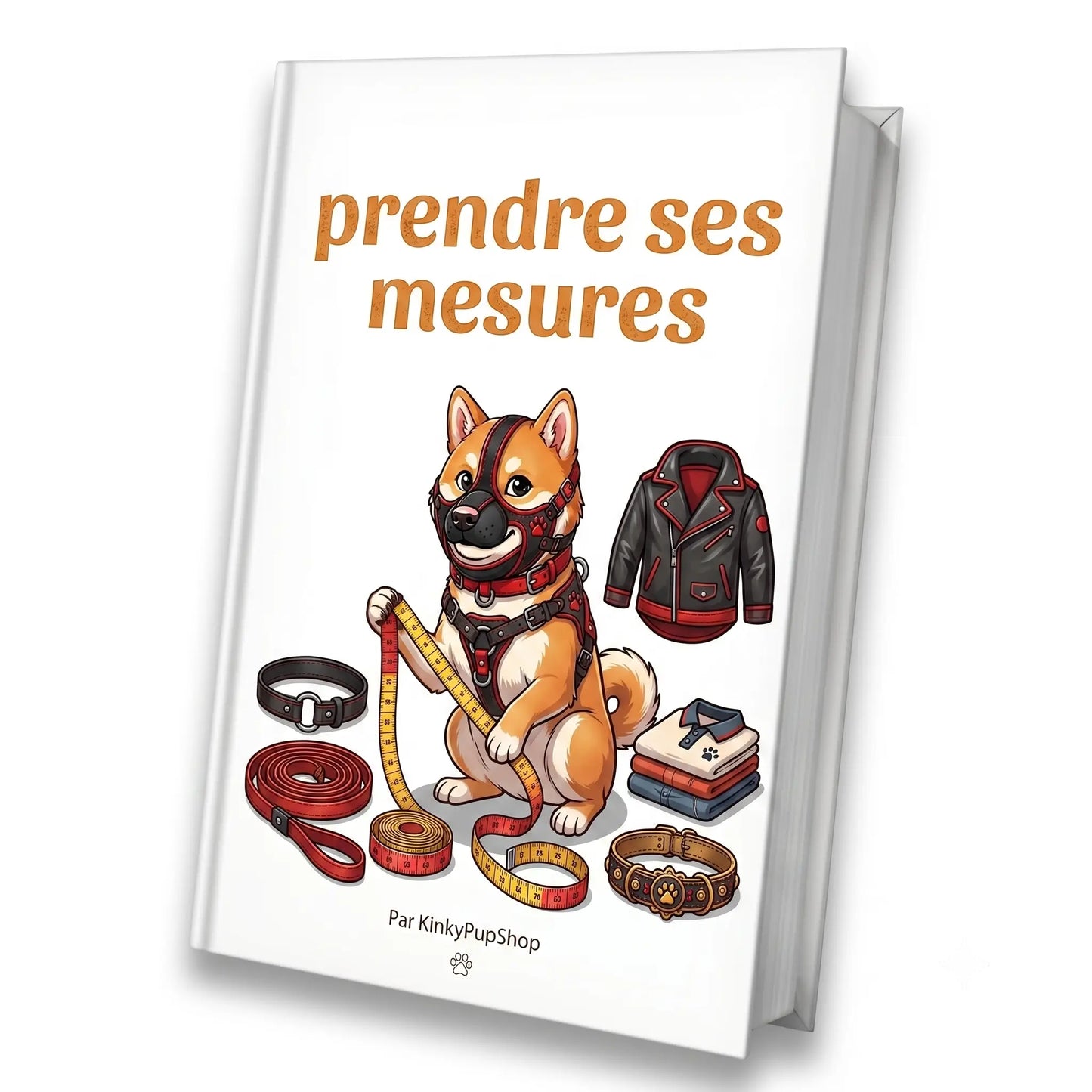 visuel de l'ebook, prendre ses mesures, on y voit la mascotte du kinkypupshop mesurer son matériel de petplay