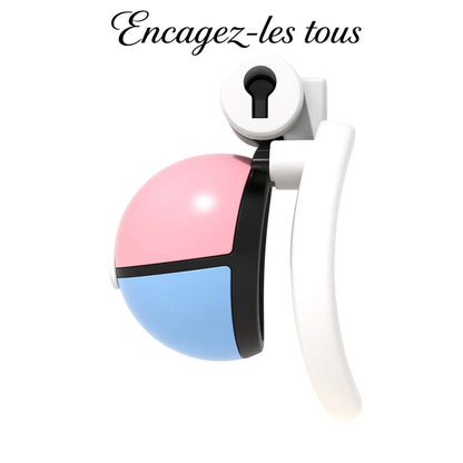 Vue de profil du dispositif de chasteté Encagez-les Tous en résine avec serrure de sécurité et courbe anatomique.