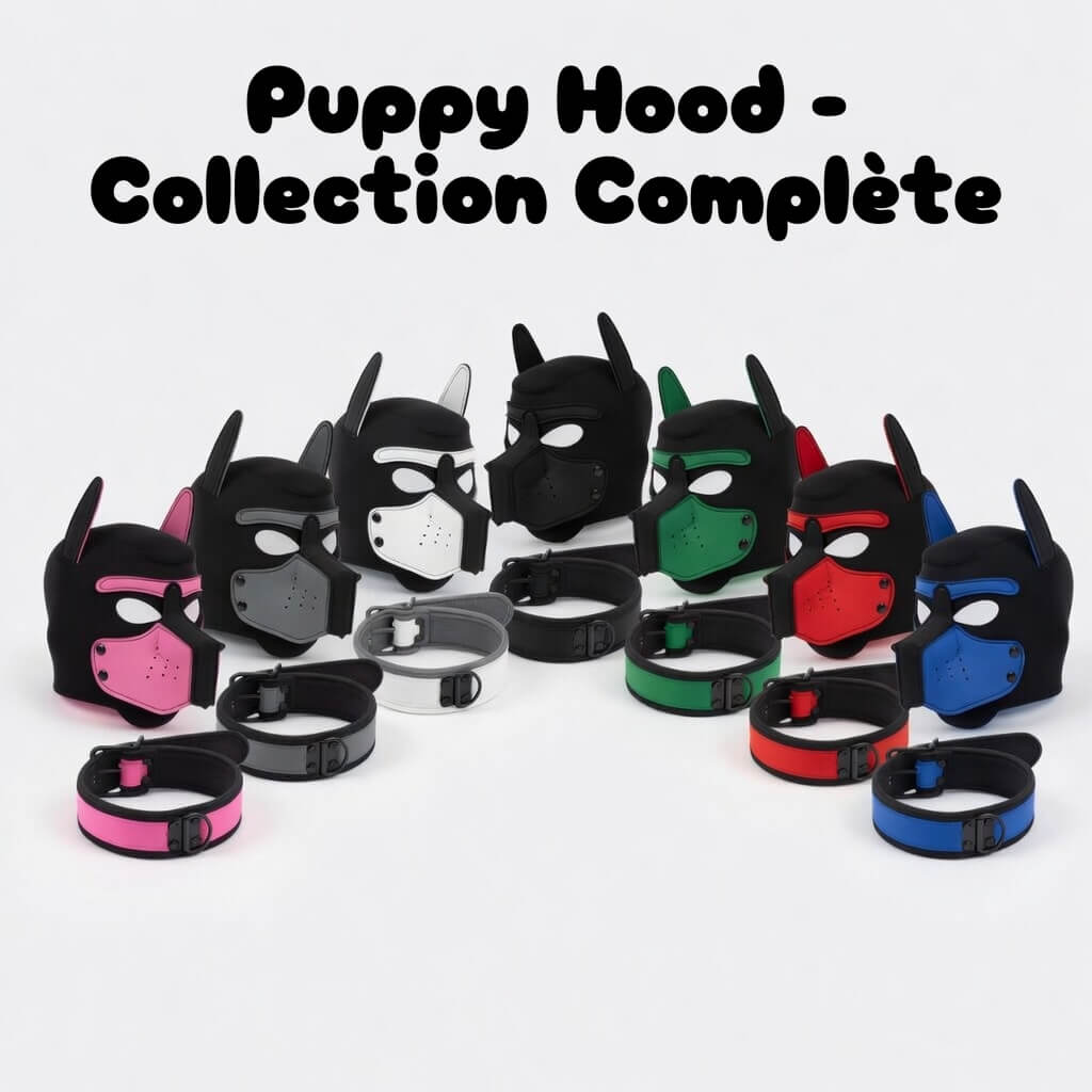 la collection complète des puppy hood proposé sur le kinkypupshop, on y voit tout les hood avec les différentes couleurs