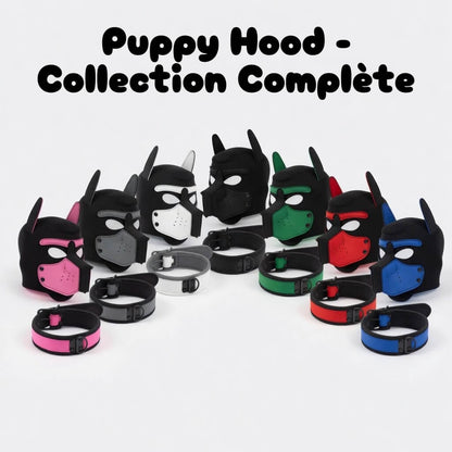la collection complète des puppy hood proposé sur le kinkypupshop, on y voit tout les hood avec les différentes couleurs