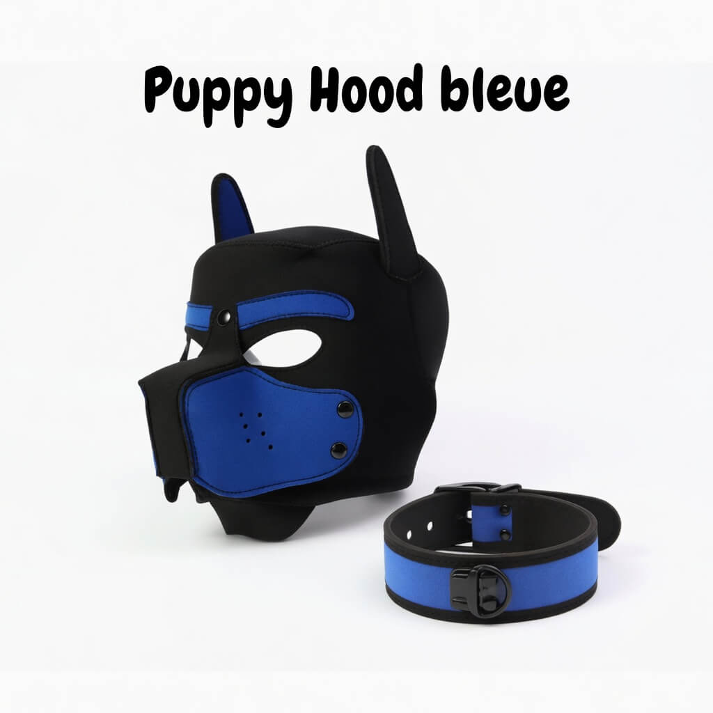 image ettant en avant notre puppy hood de couleur bleue du kinkypupshop