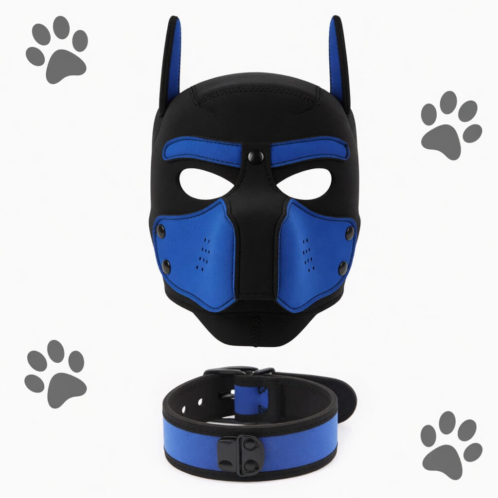 Image montrant le puppy hood de couleur bleue, vue de face vendu sur le kinkypupshop